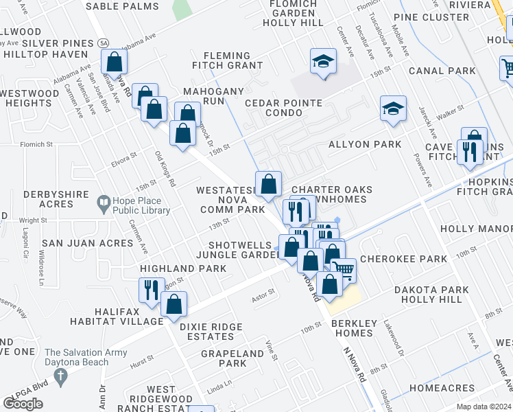 map of restaurants, bars, coffee shops, grocery stores, and more near 1250 Walker Street in Holly Hill