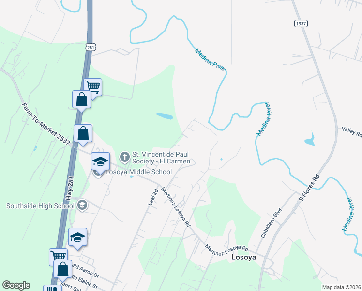 map of restaurants, bars, coffee shops, grocery stores, and more near 18380 Leal Road in San Antonio
