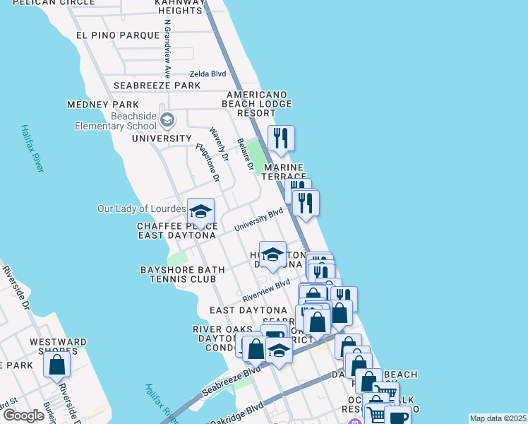 map of restaurants, bars, coffee shops, grocery stores, and more near 1001 North Atlantic Avenue in Daytona Beach
