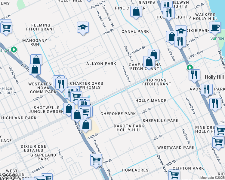 map of restaurants, bars, coffee shops, grocery stores, and more near 644 LPGA Boulevard in Daytona Beach