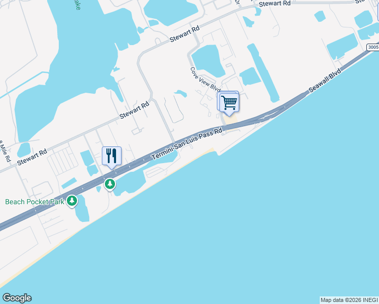 map of restaurants, bars, coffee shops, grocery stores, and more near 10730 Termini-San Luis Pass Road in Galveston