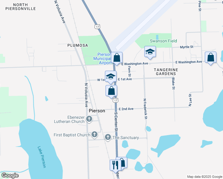 map of restaurants, bars, coffee shops, grocery stores, and more near 1 West 1st Avenue in Pierson