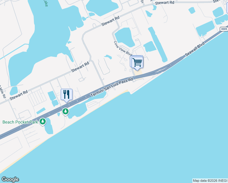 map of restaurants, bars, coffee shops, grocery stores, and more near 10717 Termini-San Luis Pass Road in Galveston