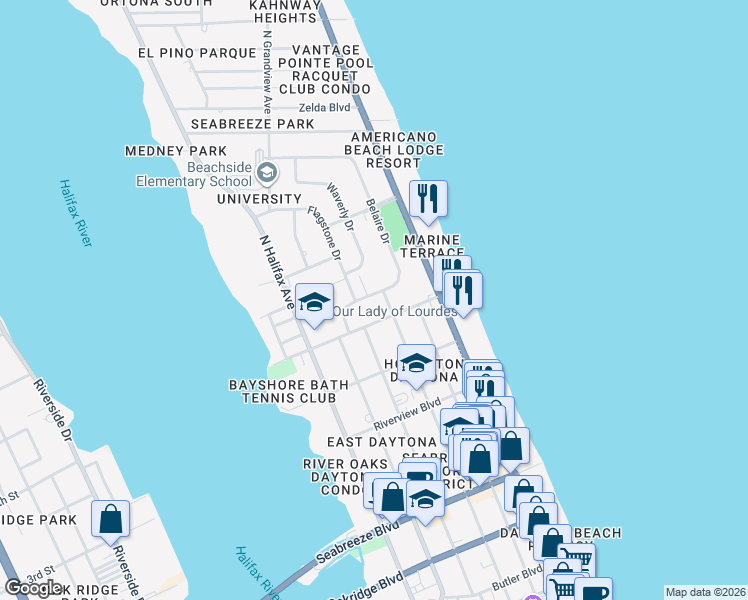 map of restaurants, bars, coffee shops, grocery stores, and more near 1105 Belaire Drive in Daytona Beach