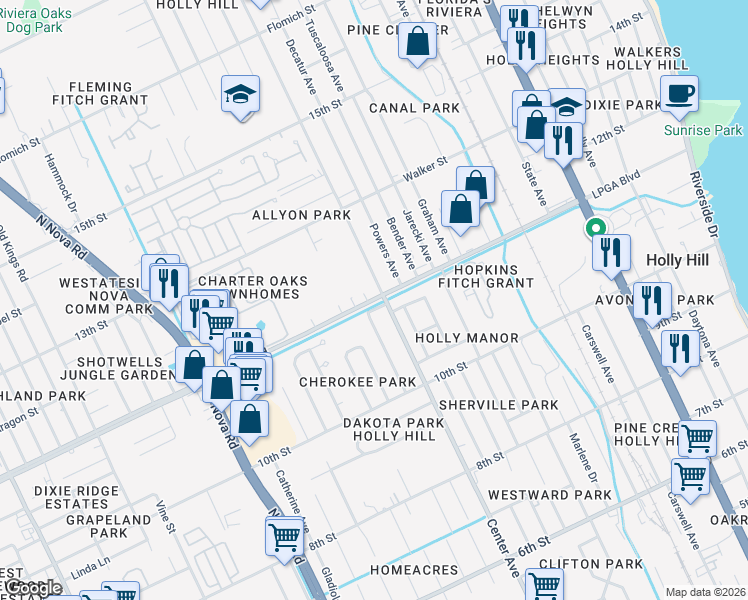 map of restaurants, bars, coffee shops, grocery stores, and more near 626 LPGA Boulevard in Holly Hill