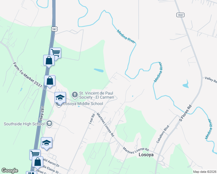 map of restaurants, bars, coffee shops, grocery stores, and more near 18380 Leal Road in San Antonio