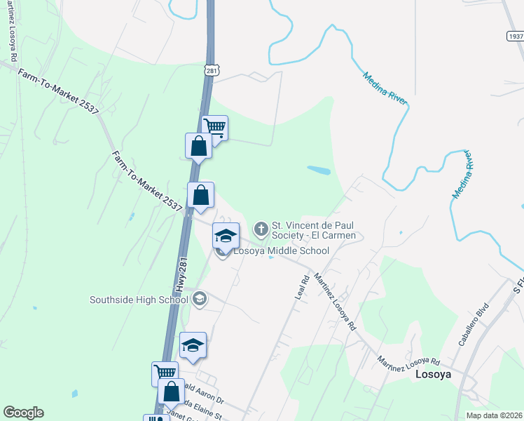 map of restaurants, bars, coffee shops, grocery stores, and more near 1635 Martinez Losoya Road in San Antonio