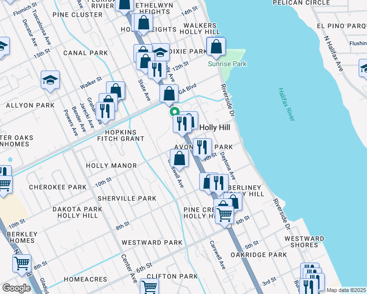 map of restaurants, bars, coffee shops, grocery stores, and more near 1008 Ridgewood Avenue in Daytona Beach
