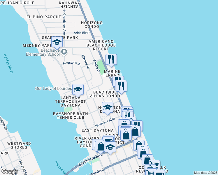 map of restaurants, bars, coffee shops, grocery stores, and more near 1001 North Atlantic Avenue in Daytona Beach