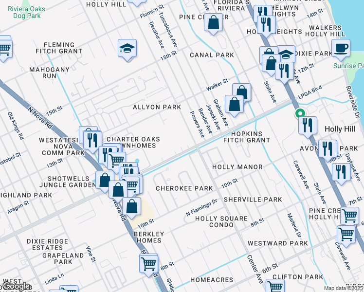 map of restaurants, bars, coffee shops, grocery stores, and more near 626 LPGA Boulevard in Holly Hill