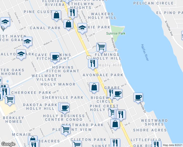 map of restaurants, bars, coffee shops, grocery stores, and more near 320 10th Street in Holly Hill
