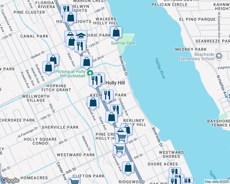 map of restaurants, bars, coffee shops, grocery stores, and more near 920 Daytona Avenue in Daytona Beach