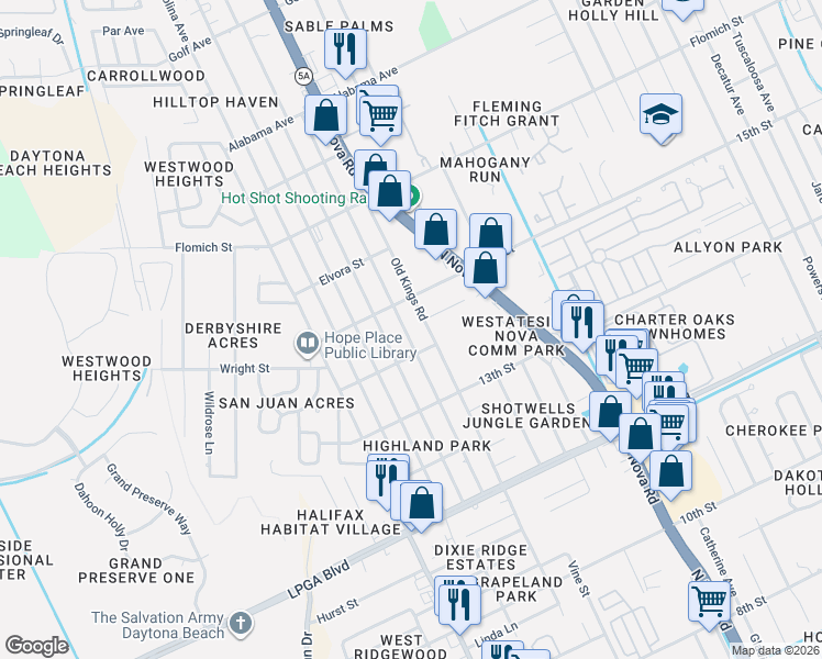map of restaurants, bars, coffee shops, grocery stores, and more near 1491 Granada Avenue in Daytona Beach