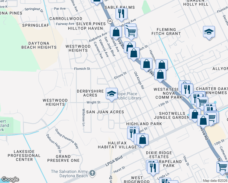 map of restaurants, bars, coffee shops, grocery stores, and more near 1501 Carmen Avenue in Daytona Beach