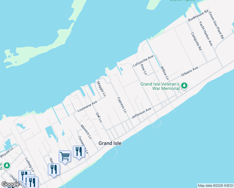 map of restaurants, bars, coffee shops, grocery stores, and more near 294 Cypress Lane in Grand Isle