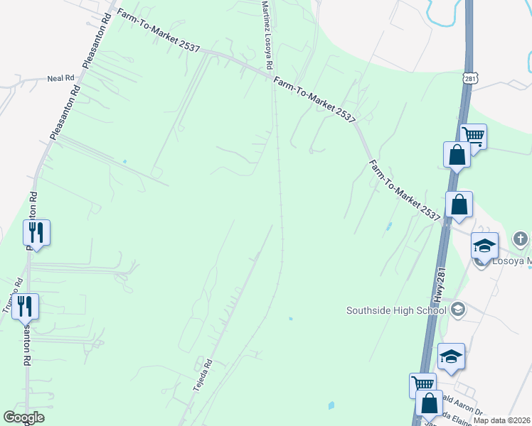 map of restaurants, bars, coffee shops, grocery stores, and more near 18600 Tejeda Road in San Antonio