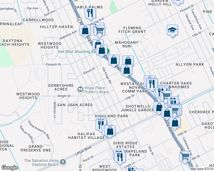 map of restaurants, bars, coffee shops, grocery stores, and more near 1491 Granada Avenue in Daytona Beach