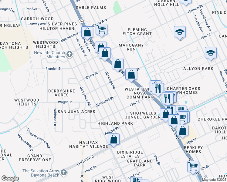 map of restaurants, bars, coffee shops, grocery stores, and more near 1488 Old Kings Road in Daytona Beach