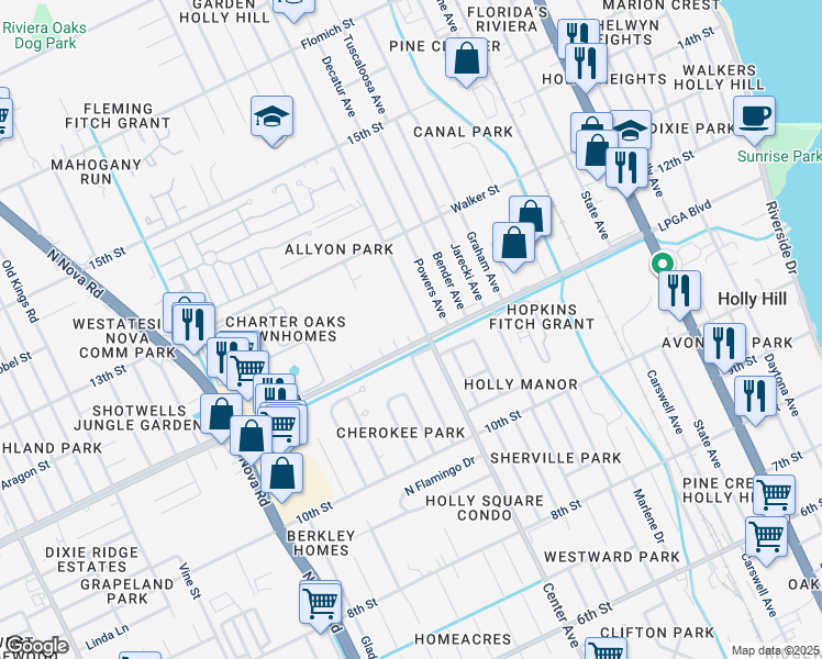 map of restaurants, bars, coffee shops, grocery stores, and more near 626 Lpga Boulevard in Holly Hill