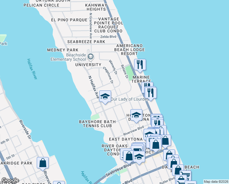 map of restaurants, bars, coffee shops, grocery stores, and more near 312 Waverly Circle in Daytona Beach