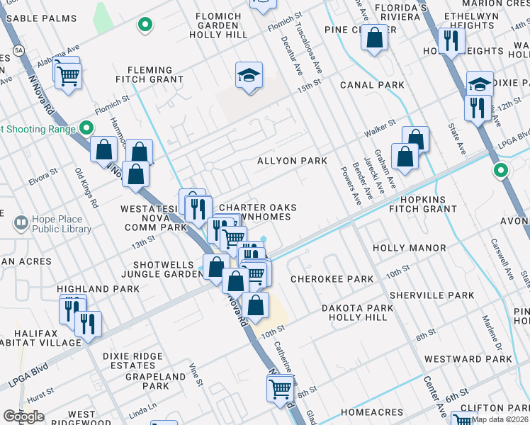 map of restaurants, bars, coffee shops, grocery stores, and more near 1232 Charter Oaks Circle in Daytona Beach