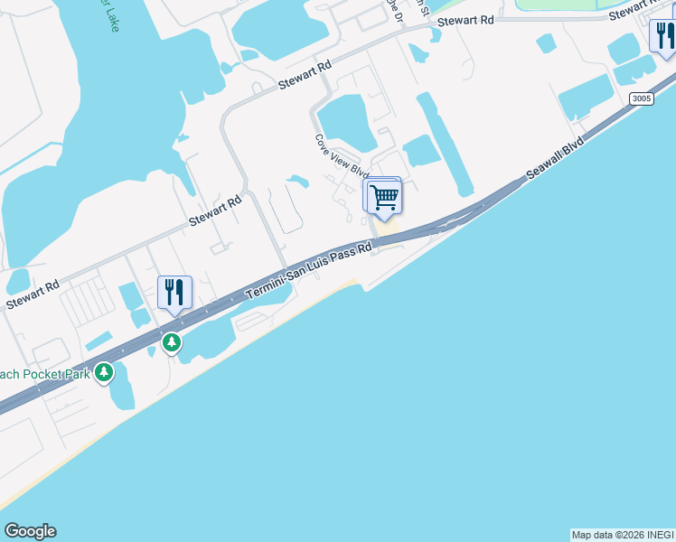 map of restaurants, bars, coffee shops, grocery stores, and more near 10717 Termini-San Luis Pass Road in Galveston