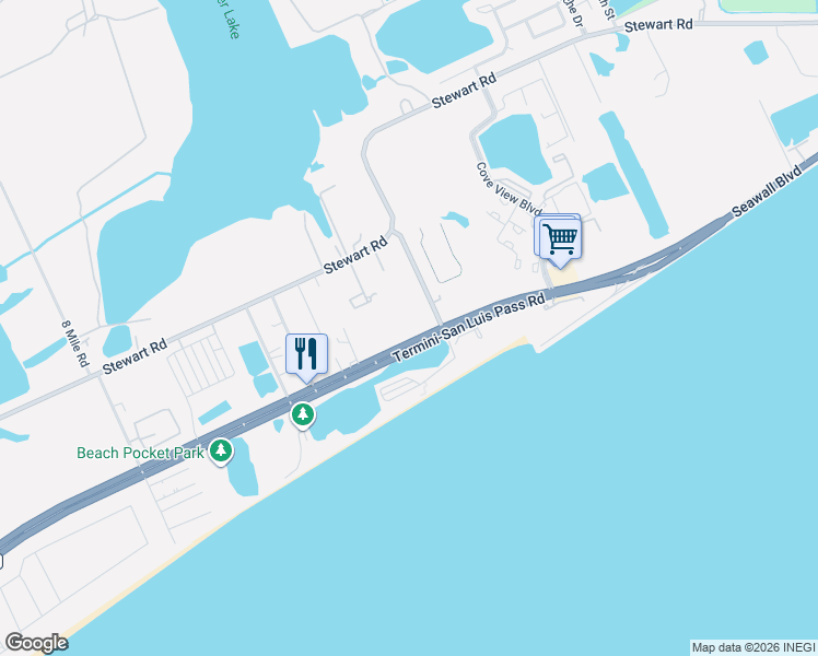 map of restaurants, bars, coffee shops, grocery stores, and more near 11010-1/2 Termini-San Luis Pass Road in Galveston