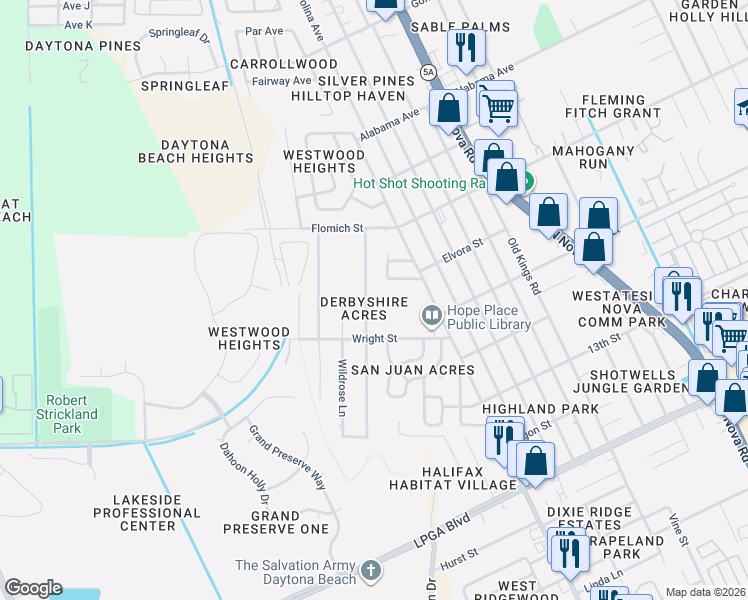 map of restaurants, bars, coffee shops, grocery stores, and more near 1529 Primrose Lane in Daytona Beach