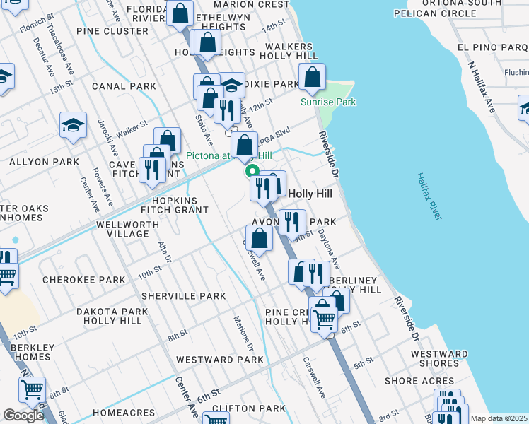 map of restaurants, bars, coffee shops, grocery stores, and more near 1008 Ridgewood Avenue in Daytona Beach
