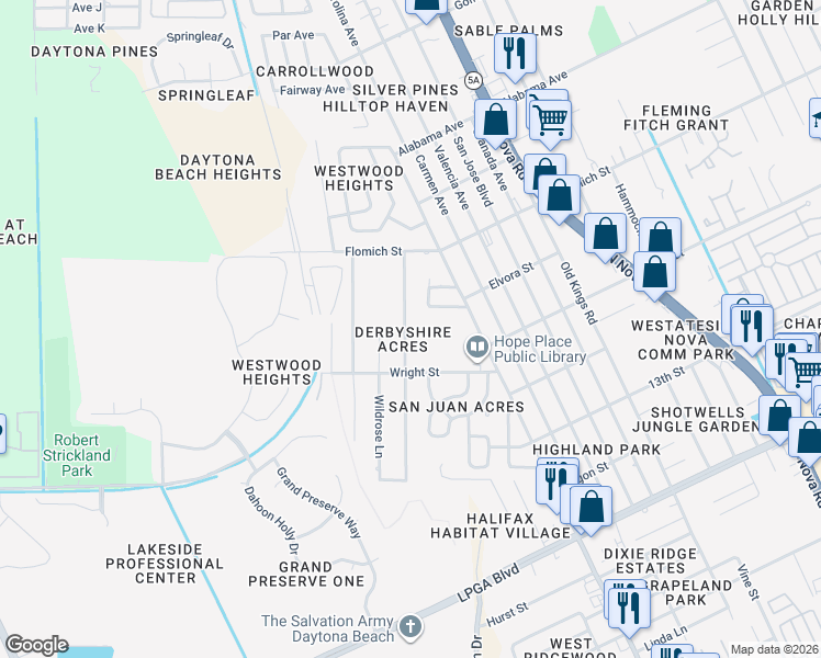 map of restaurants, bars, coffee shops, grocery stores, and more near 1529 Primrose Ln in Daytona Beach