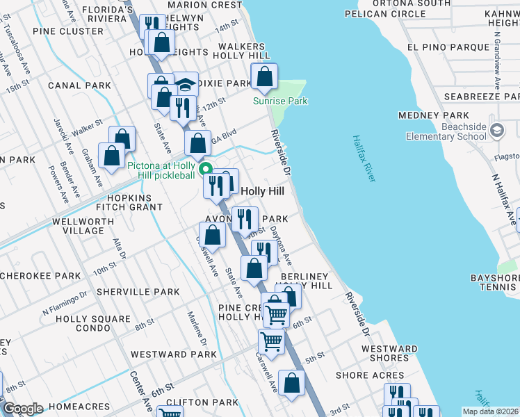 map of restaurants, bars, coffee shops, grocery stores, and more near 920 Daytona Avenue in Daytona Beach