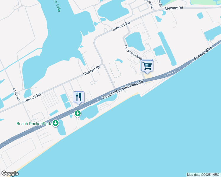 map of restaurants, bars, coffee shops, grocery stores, and more near 11010-1/2 Termini-San Luis Pass Road in Galveston