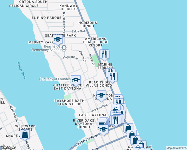 map of restaurants, bars, coffee shops, grocery stores, and more near 1105 Belaire Drive in Daytona Beach