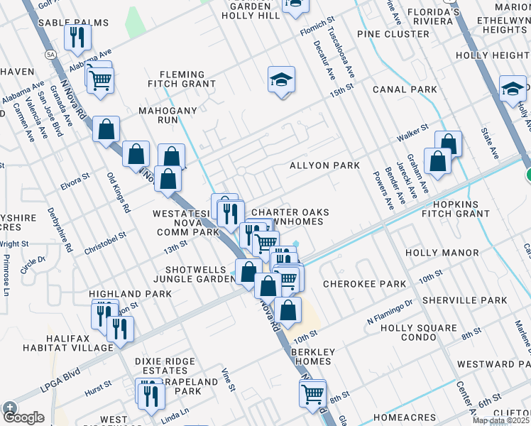 map of restaurants, bars, coffee shops, grocery stores, and more near 1 Glen Way in Holly Hill