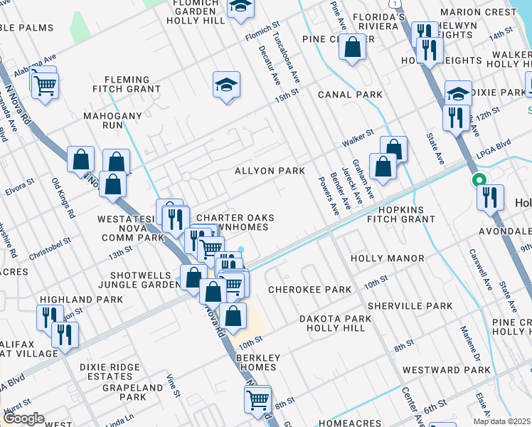 map of restaurants, bars, coffee shops, grocery stores, and more near 1200 Center Avenue in Holly Hill