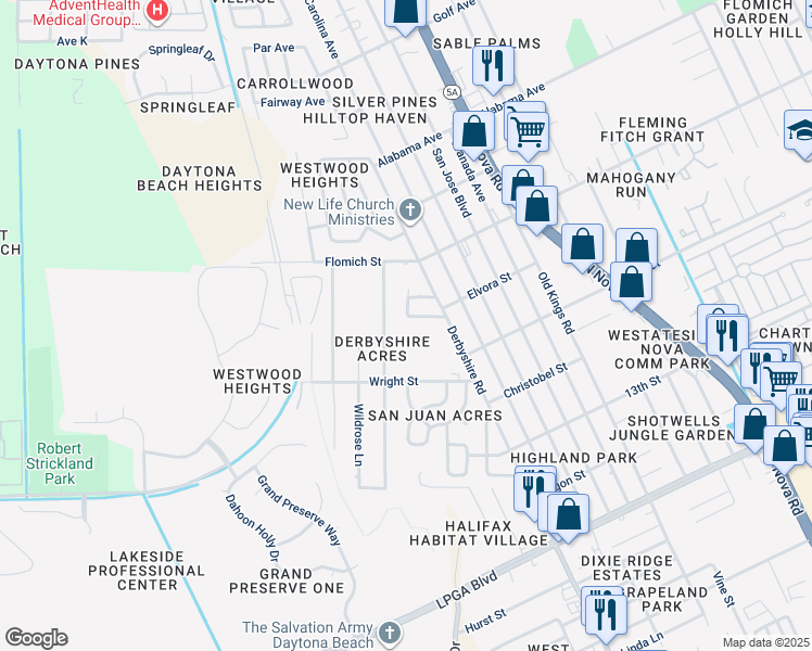 map of restaurants, bars, coffee shops, grocery stores, and more near 1448 Richmond Avenue in Daytona Beach