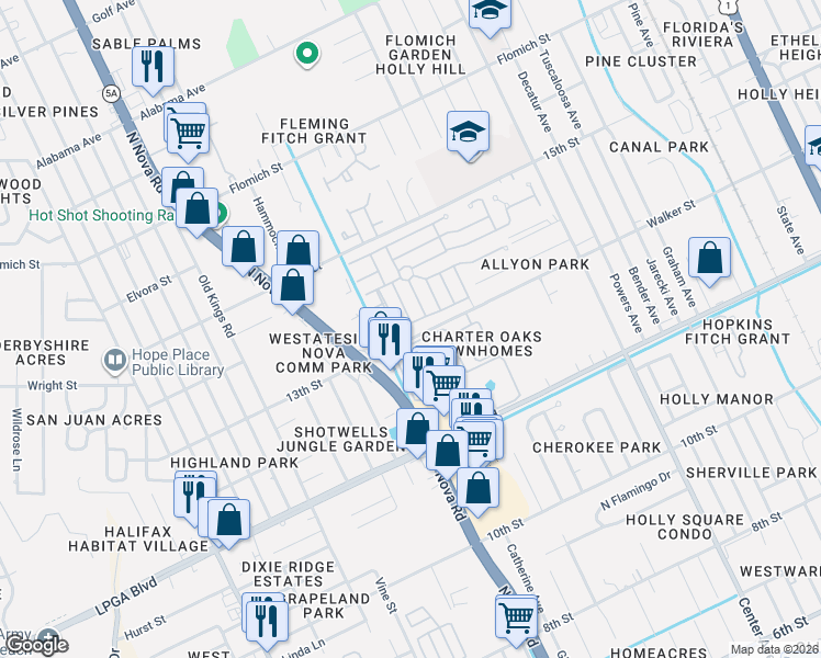 map of restaurants, bars, coffee shops, grocery stores, and more near in Holly Hill