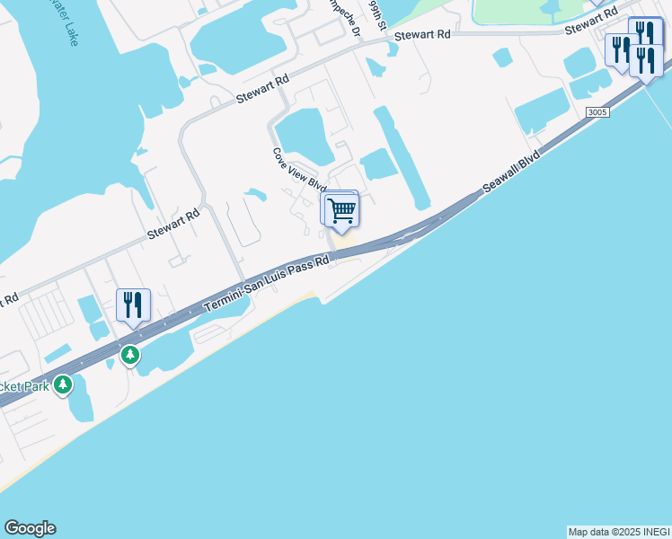 map of restaurants, bars, coffee shops, grocery stores, and more near 10327 Farm to Market Road 3005 in Galveston