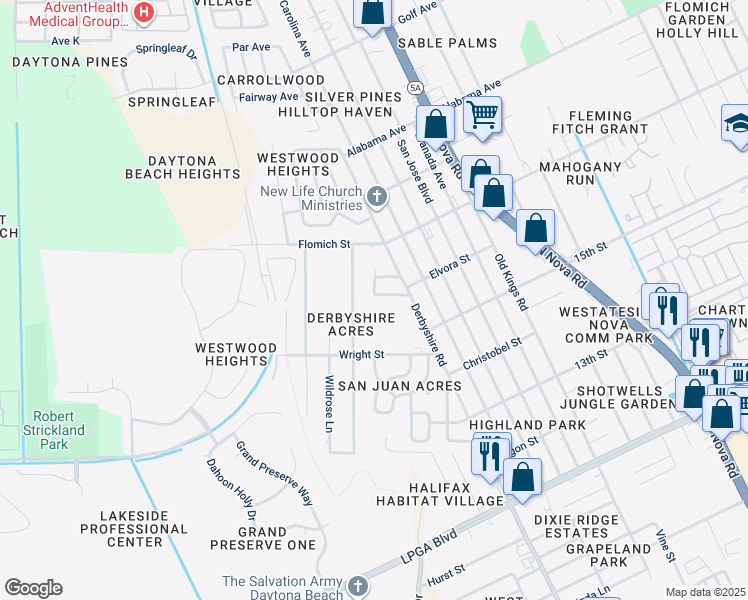 map of restaurants, bars, coffee shops, grocery stores, and more near 1448 Richmond Avenue in Daytona Beach