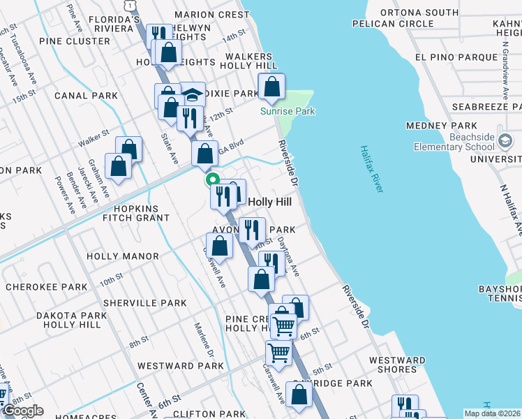 map of restaurants, bars, coffee shops, grocery stores, and more near 920 Daytona Avenue in Daytona Beach