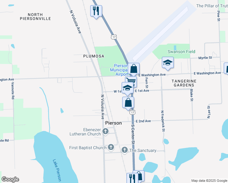 map of restaurants, bars, coffee shops, grocery stores, and more near 143 West 1st Avenue in Pierson