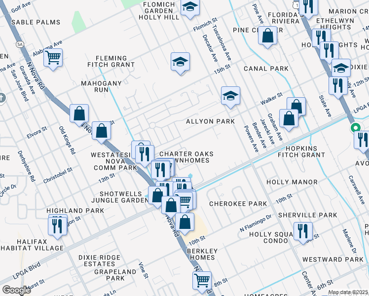 map of restaurants, bars, coffee shops, grocery stores, and more near in Holly Hill