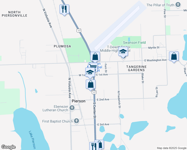 map of restaurants, bars, coffee shops, grocery stores, and more near 1 West 1st Avenue in Pierson