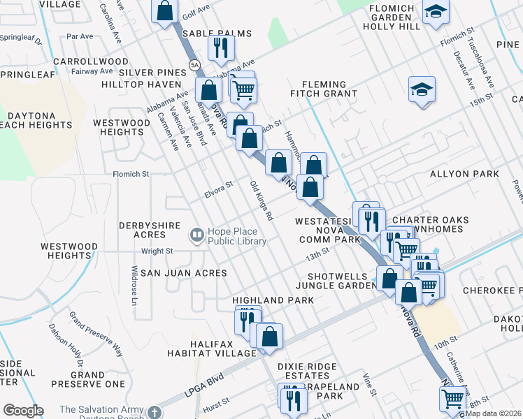 map of restaurants, bars, coffee shops, grocery stores, and more near 1503 Old Kings Road in Daytona Beach