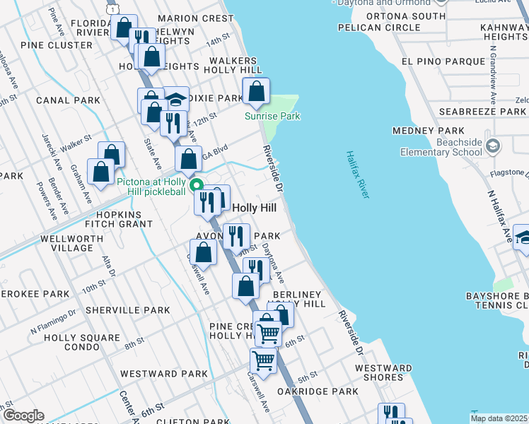 map of restaurants, bars, coffee shops, grocery stores, and more near in Holly Hill