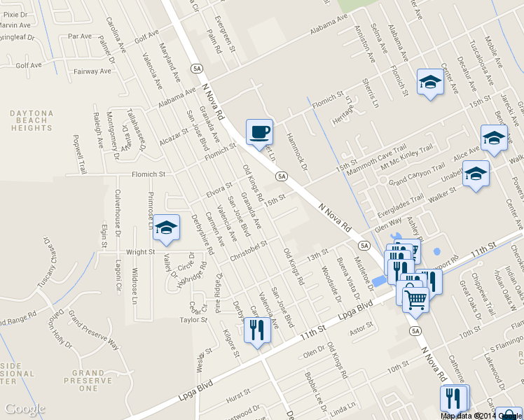 map of restaurants, bars, coffee shops, grocery stores, and more near 1503 Old Kings Road in Daytona Beach