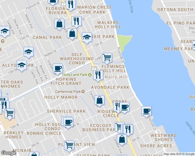 map of restaurants, bars, coffee shops, grocery stores, and more near 1032 Ridgewood Avenue in Daytona Beach