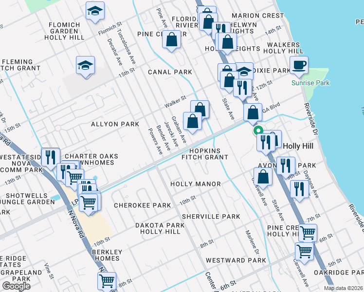 map of restaurants, bars, coffee shops, grocery stores, and more near 1121 Jarecki Avenue in Daytona Beach