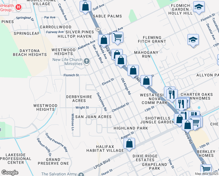 map of restaurants, bars, coffee shops, grocery stores, and more near 1539 Valencia Avenue in Daytona Beach