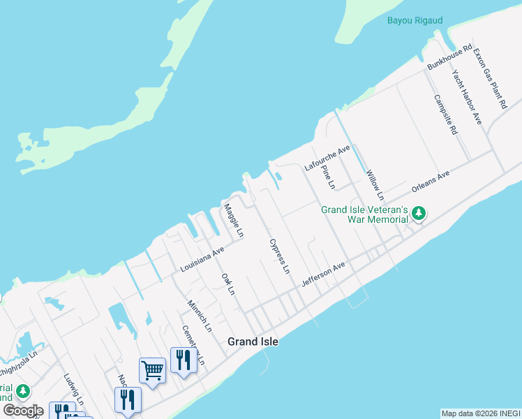 map of restaurants, bars, coffee shops, grocery stores, and more near 294 Cypress Lane in Grand Isle